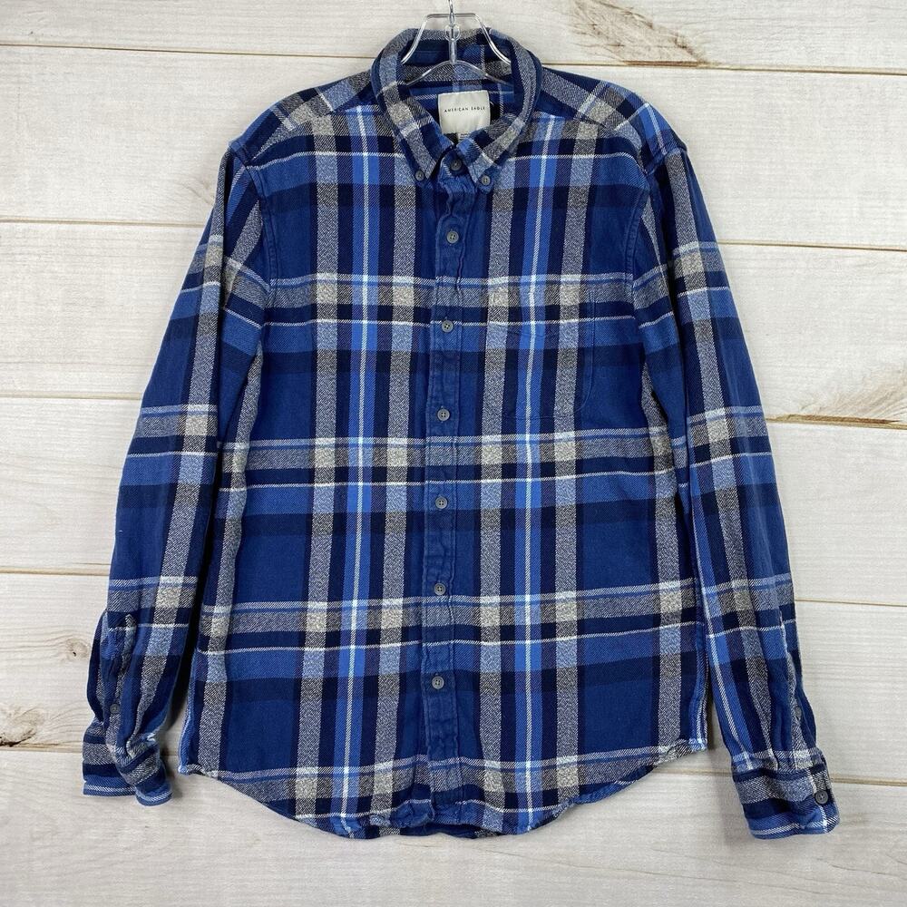 American Eagle Flannel Shirt Mens M Blue Plaid Long Sleeve Button Up Hunting